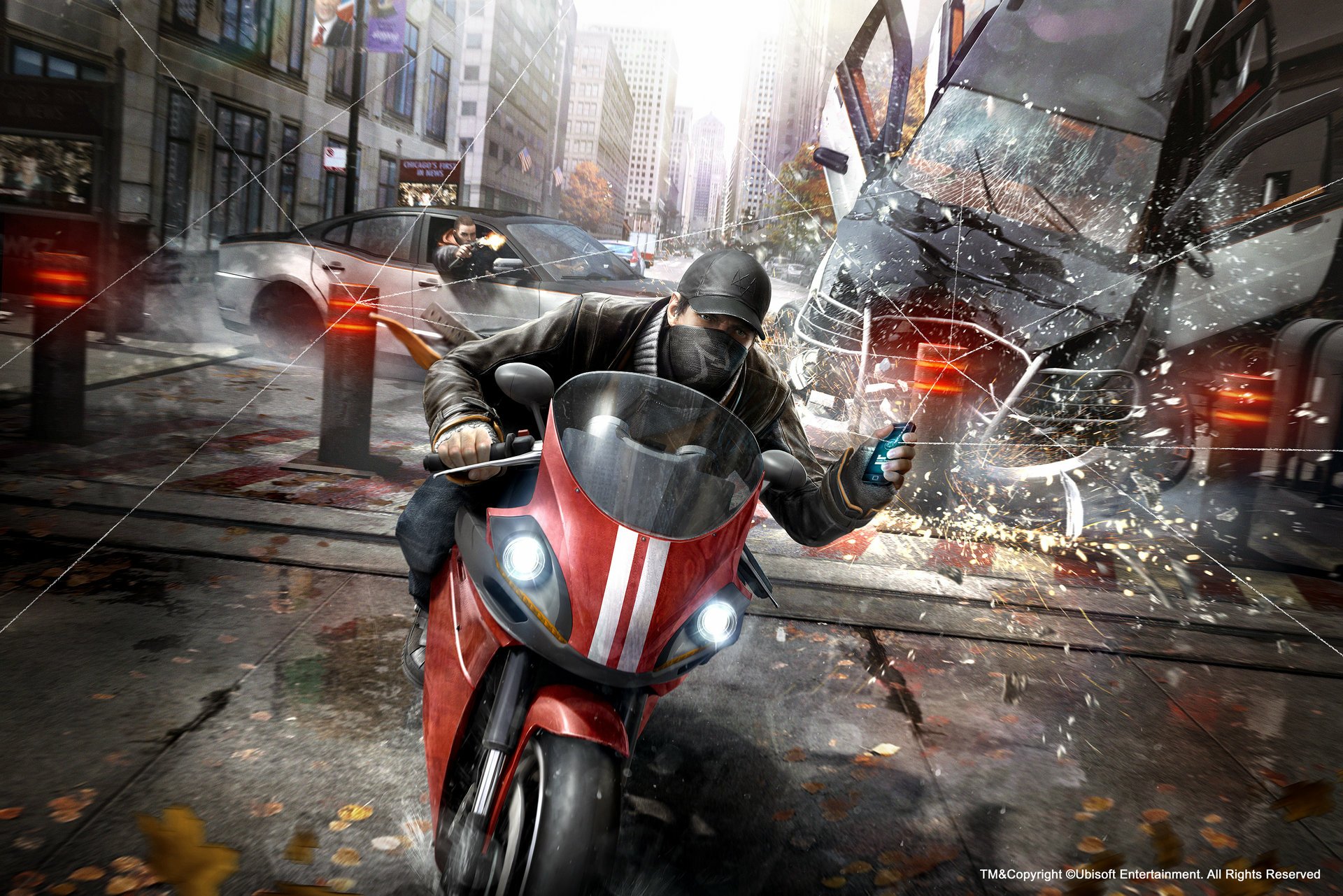 Aiden Pearce rides a red motorcycle through a chaotic city scene in this HD desktop wallpaper from the video game Watch Dogs, showcasing action and urban style.