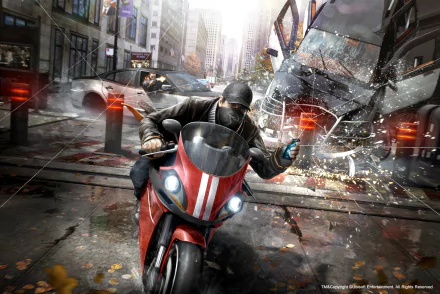 Aiden Pearce rides a red motorcycle through a chaotic city scene in this HD desktop wallpaper from the video game Watch Dogs, showcasing action and urban style.