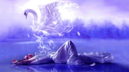 A fantasy scene featuring a woman lying by a serene lake, with a mystical swan emerging from swirling mist, creating a dreamlike atmosphere. High-definition desktop wallpaper.