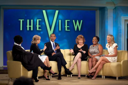 HD desktop wallpaper of The View show with people seated in front of the show's logo, engaging in a discussion.