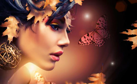 HD PC desktop wallpaper featuring a close-up of a woman surrounded by autumn leaves and a pink butterfly, tagged with Judy Wilkins.