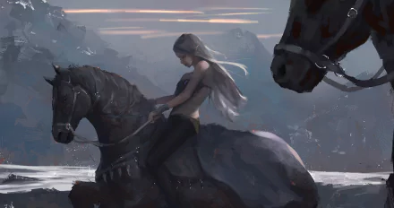 A serene scene featuring a figure on a horse in a mountainous landscape, capturing the essence of the GhostBlade comic. An immersive HD wallpaper for desktop use.