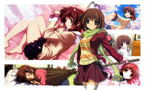 HD PC desktop wallpaper featuring Nagisa Furukawa from the anime Clannad in various scenes, showcasing her gentle and lively personality.