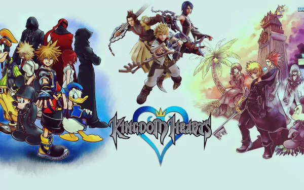 A vibrant HD desktop wallpaper featuring characters from the video game Kingdom Hearts, showcasing Sora, Donald, Goofy, and others amid notable scenes from the series.