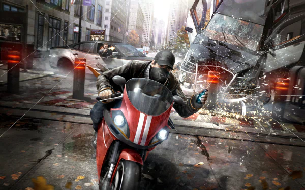 Aiden Pearce rides a red motorcycle through a chaotic city scene in this HD desktop wallpaper from the video game Watch Dogs, showcasing action and urban style.