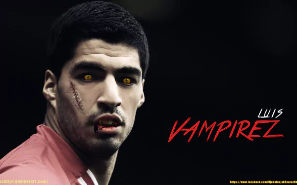 HD desktop wallpaper featuring Luis Suárez transformed into a zombie vampire with glowing yellow eyes and facial scars, titled Luis Vampirez in bold red text.