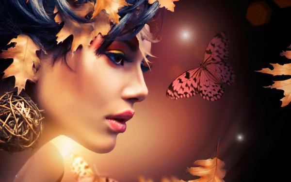 HD PC desktop wallpaper featuring a close-up of a woman surrounded by autumn leaves and a pink butterfly, tagged with Judy Wilkins.