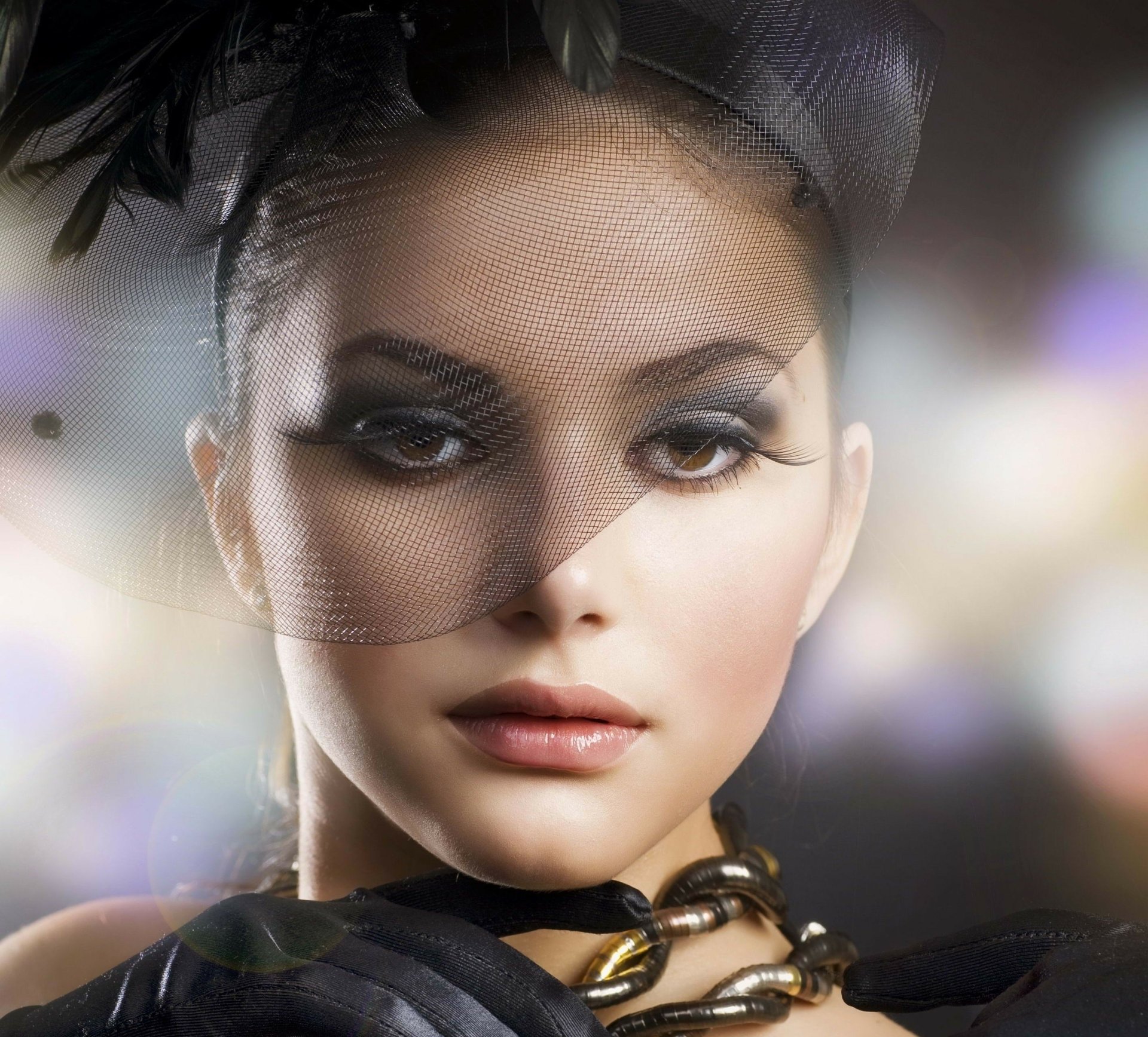 HD PC desktop wallpaper featuring a close-up of a woman's face wearing a stylish hat with a fine mesh veil, tagged with Judy Wilkins.