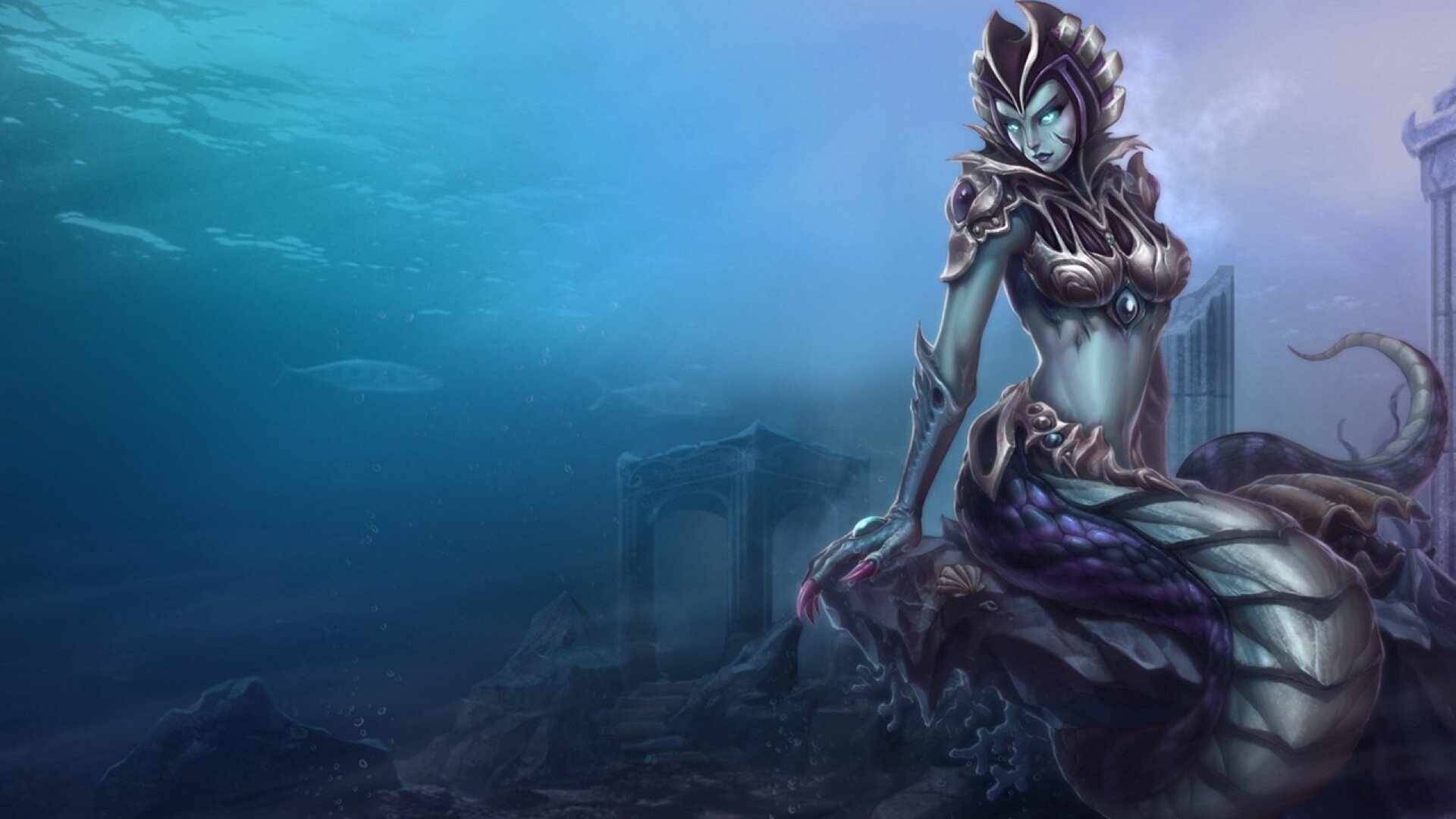 HD PC desktop wallpaper featuring Cassiopeia, a character from the video game League of Legends, depicted underwater with ruins in the background.
