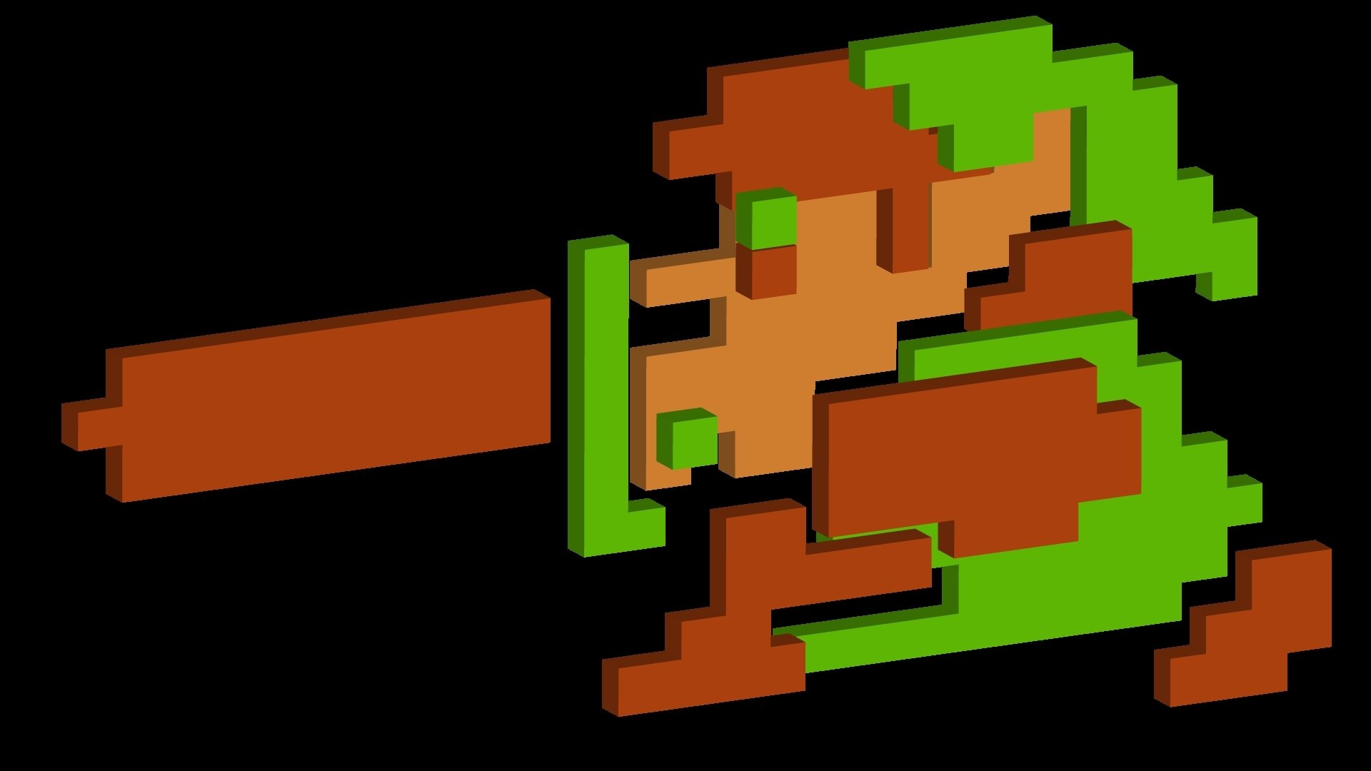 Retro pixel-art Link from The Legend of Zelda, sword outstretched on a black field — HD PC desktop wallpaper/background.