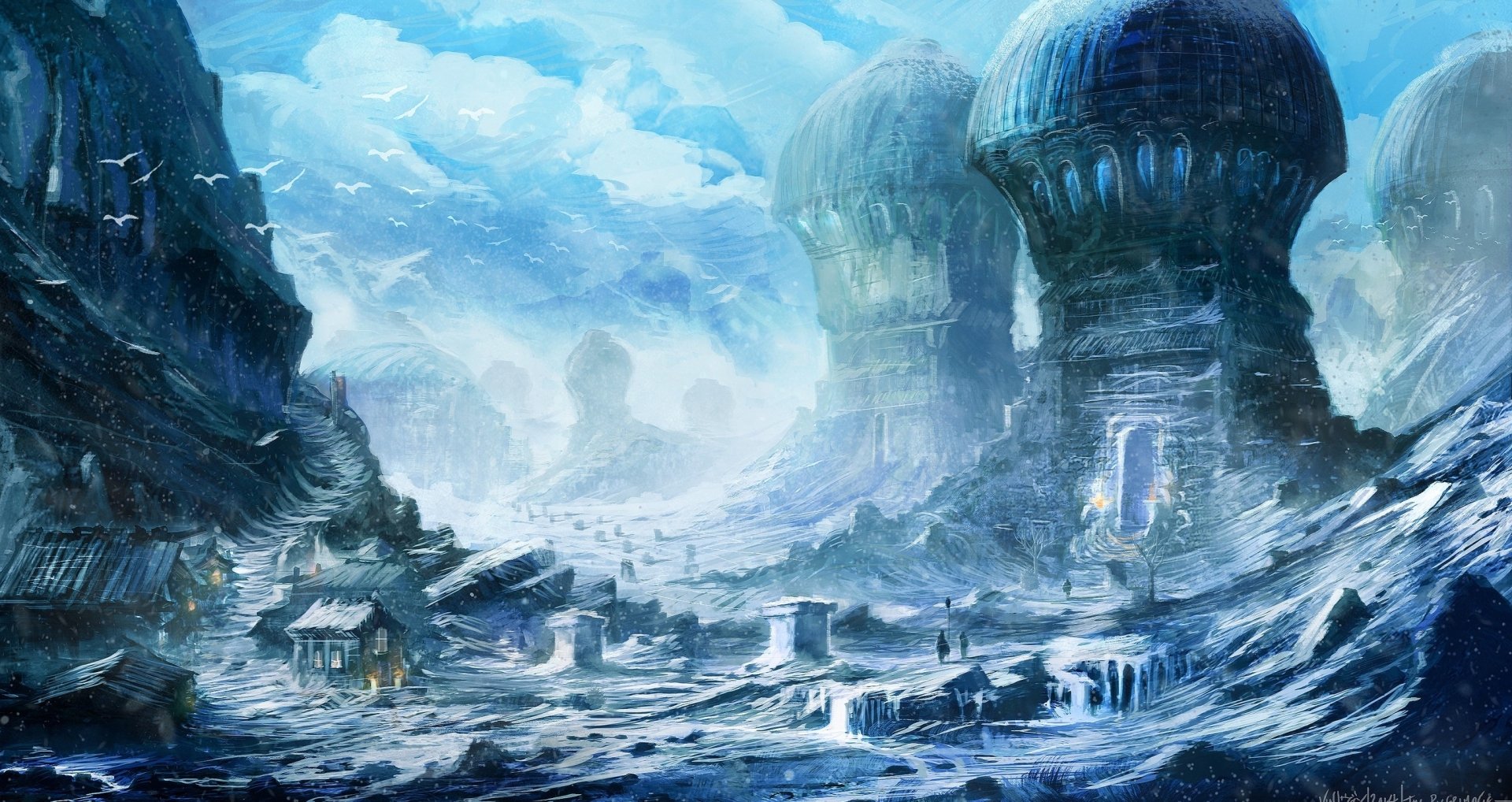 A winter landscape featuring a fantasy village with snow-covered structures and towering, dome-like buildings under a dramatic sky, creating a serene, mystical atmosphere.