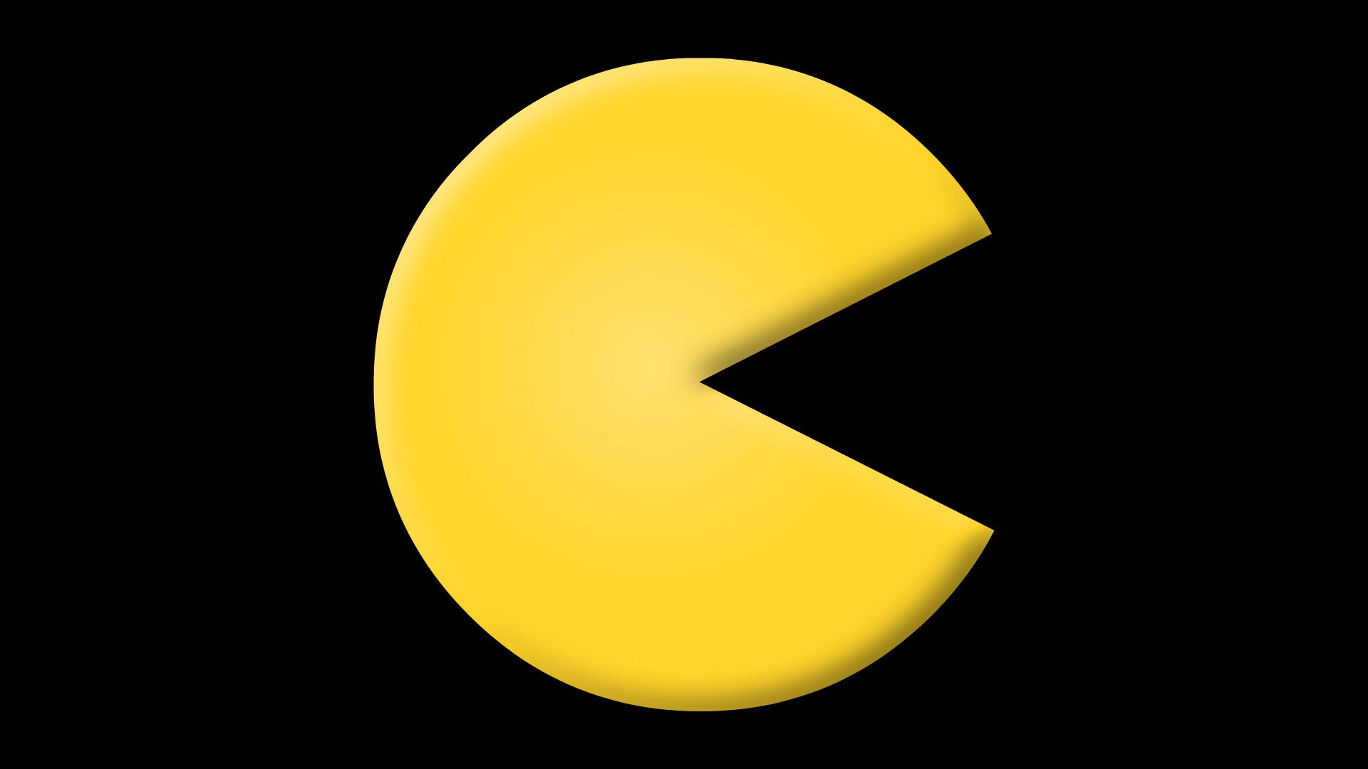 HD PC desktop wallpaper and background showing Pac-Man from the classic video game: a bright yellow circle with a wedge-shaped mouth on a solid black background.
