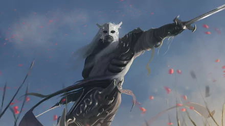 A fantasy warrior in dark armor, wearing a white mask, wielding a sword amidst falling red petals in a dramatic 4K Ultra HD PC desktop wallpaper.