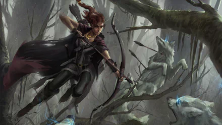 Fantasy archer aiming a bow in a misty forest, surrounded by glowing mystical wolves. HD PC desktop wallpaper with dark, atmospheric tones and dynamic action.