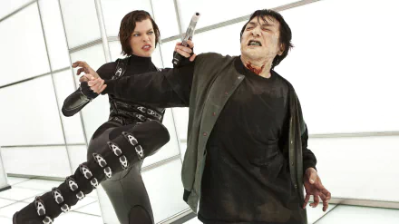 Resident Evil: Retribution 2K Quad HD PC desktop wallpaper — woman in black combat suit fires a pistol while kicking a bloodied man in a bright, geometric room.