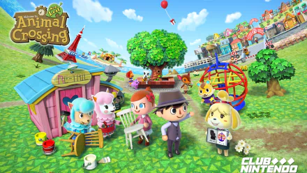 HD PC desktop wallpaper of the video game Animal Crossing: New Leaf — colorful town square with smiling villagers, two player characters, a plaza tree, playground and seaside shops under blue skies.