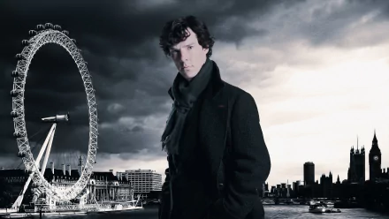 A dramatic HD wallpaper featuring Sherlock Holmes, portrayed in the TV series Sherlock, standing confidently against a moody London backdrop with the Eye and skyline.