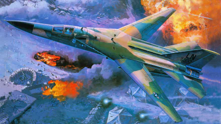 Military-themed 8K Ultra HD desktop wallpaper featuring a General Dynamics F-111 Aardvark aircraft in dramatic aerial combat with explosions below.