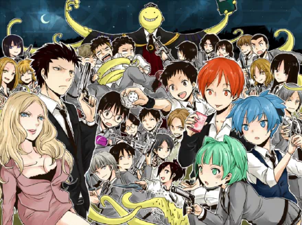 A vibrant HD wallpaper featuring characters from the anime Assassination Classroom, showcasing a lively mix of students and the iconic alien teacher in a dynamic setting.