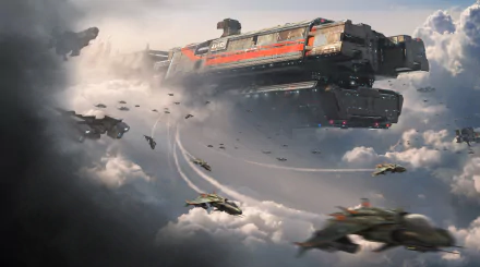HD PC desktop wallpaper featuring a dynamic aerial battle scene from the video game Titanfall, with futuristic ships and a massive airborne battleship amid clouds.
