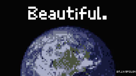 A pixel art depiction of Earth with a bold text overlay reading Beautiful, designed as a high-definition PC desktop wallpaper and background.