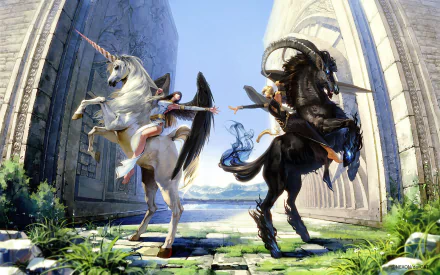 HD PC desktop wallpaper from the video game Mabinogi II: Arena featuring two winged unicorns with riders facing each other between grand stone arches.