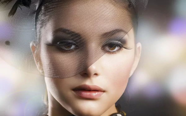 HD PC desktop wallpaper featuring a close-up of a woman's face wearing a stylish hat with a fine mesh veil, tagged with Judy Wilkins.