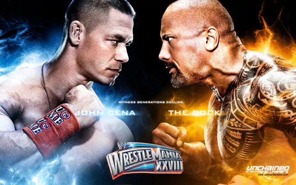 HD WWE wallpaper featuring intense face-off between two wrestlers with WrestleMania XXVIII logo at the center.