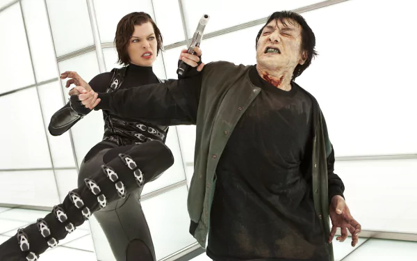 Resident Evil: Retribution 2K Quad HD PC desktop wallpaper — woman in black combat suit fires a pistol while kicking a bloodied man in a bright, geometric room.