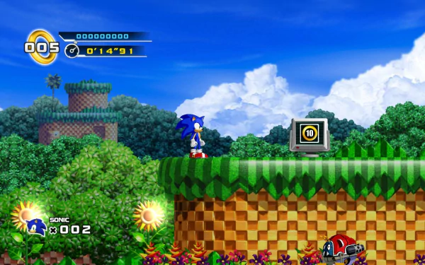 Sonic the Hedgehog navigates a vibrant landscape in this HD wallpaper from Sonic the Hedgehog 4: Episode I, showcasing colorful graphics and classic gameplay elements.