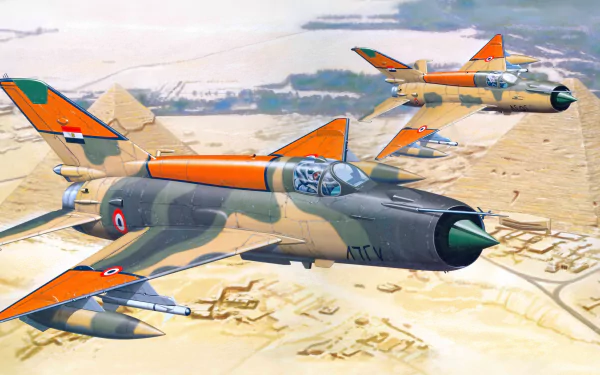 Two Mikoyan-Gurevich MiG-21 military jets with orange accents flying over desert terrain, rendered in 8K Ultra HD as a desktop wallpaper.