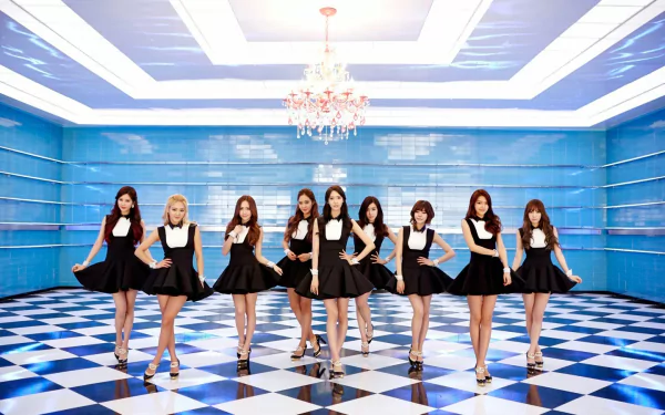 High-definition wallpaper featuring the K-pop group Girls' Generation (SNSD) in stylish black dresses, posed in a vibrant blue and black checkered setting.