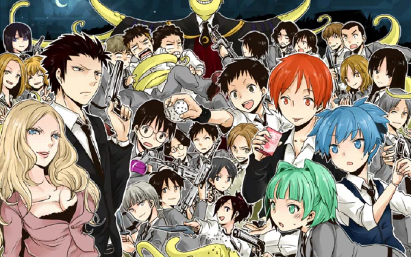 A vibrant HD wallpaper featuring characters from the anime Assassination Classroom, showcasing a lively mix of students and the iconic alien teacher in a dynamic setting.