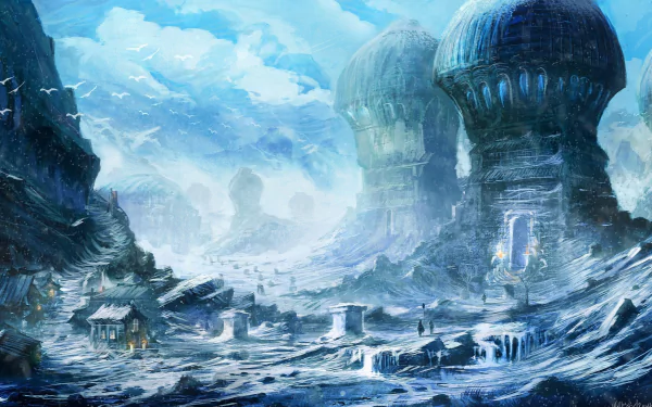 A winter landscape featuring a fantasy village with snow-covered structures and towering, dome-like buildings under a dramatic sky, creating a serene, mystical atmosphere.