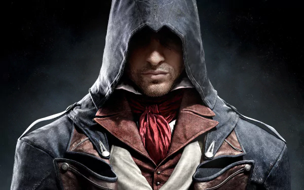 Arno Dorian stands confidently in this HD desktop wallpaper from Assassin's Creed: Unity, showcasing his signature hooded attire and striking presence against a dark background.