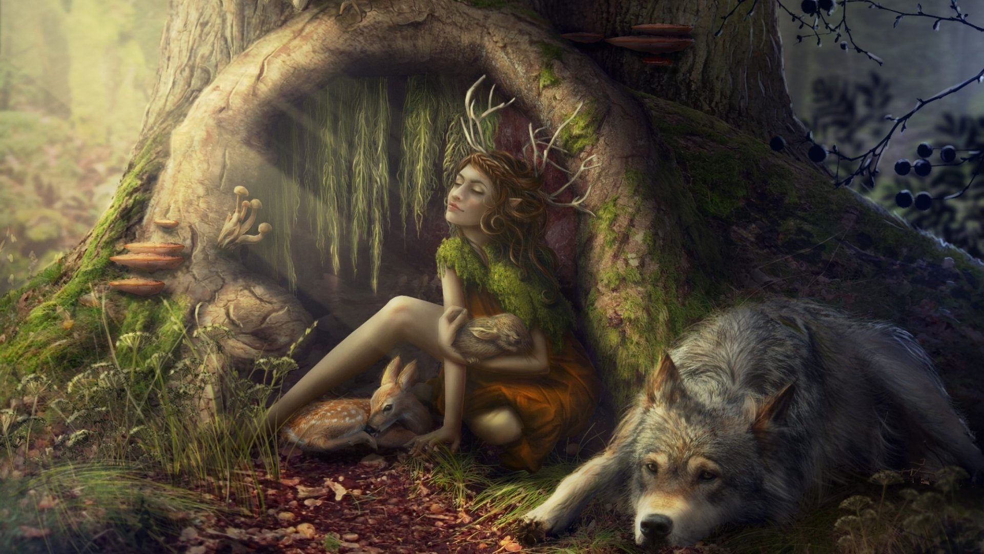 A serene fantasy scene in a forest featuring a woman with antlers, a rabbit, and a wolf resting by a tree, evoking a mystical sylvan atmosphere. HD wallpaper for nature lovers.