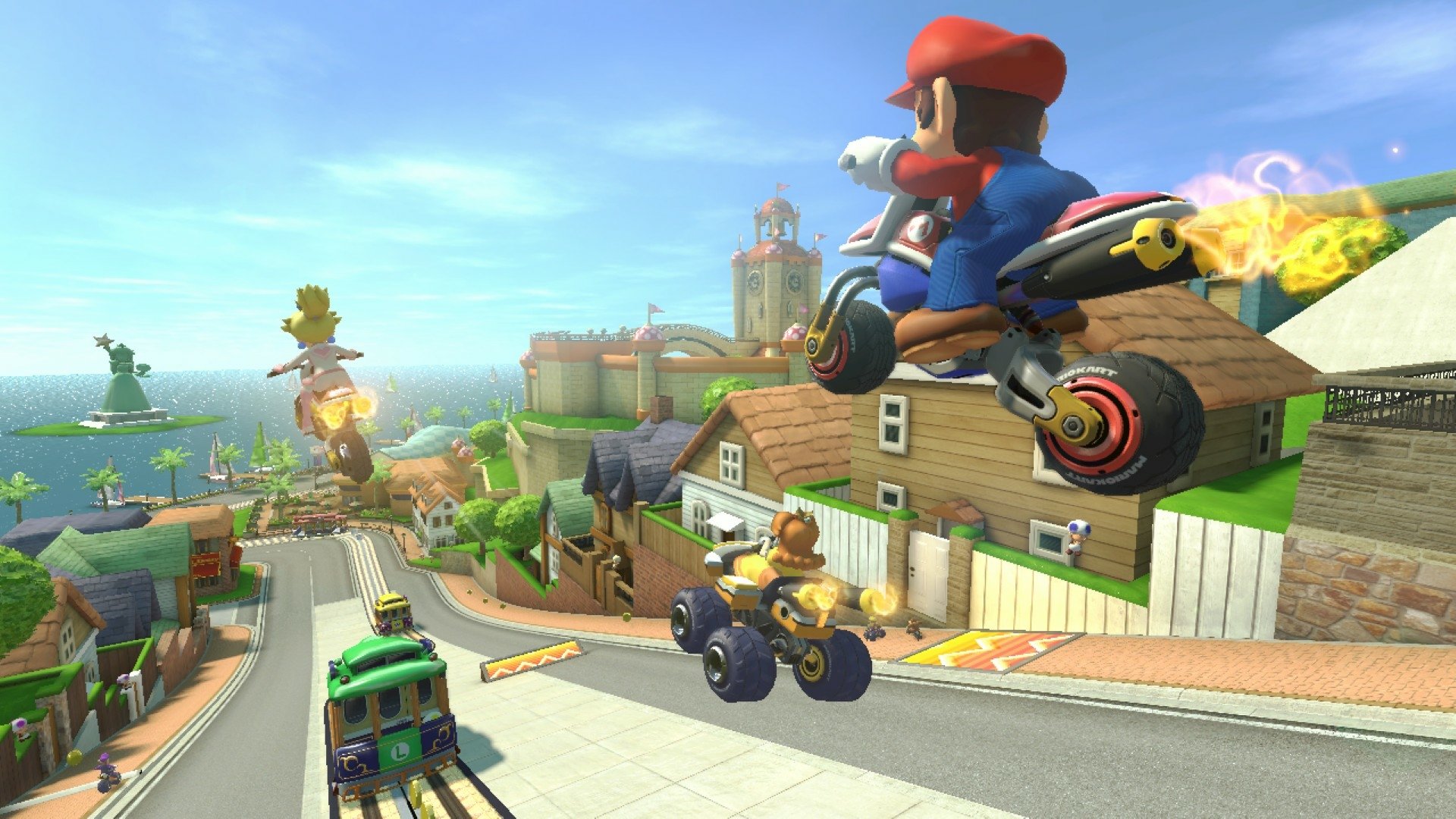 HD desktop wallpaper of Mario Kart 8 featuring Mario racing through a vibrant track.