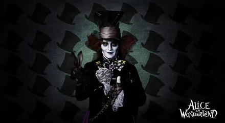 HD PC desktop wallpaper featuring the Mad Hatter from the 2010 movie Alice in Wonderland, set against a dark background with repeating top hat patterns.