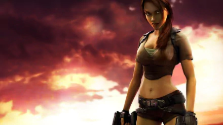 HD PC desktop wallpaper featuring Lara Croft from the video game Tomb Raider: Legend against a dramatic sunset sky.