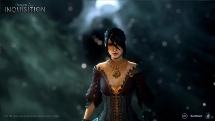 HD PC desktop wallpaper featuring a dark, mysterious female character from the video game Dragon Age: Inquisition, with a blurred, atmospheric background.
