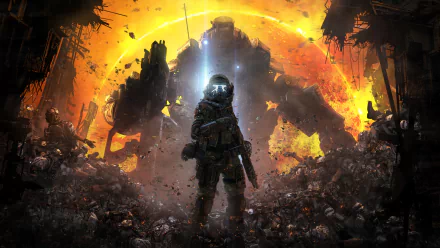 A striking HD desktop wallpaper from the video game Titanfall, featuring a lone soldier in front of a massive mech against a fiery, chaotic backdrop.