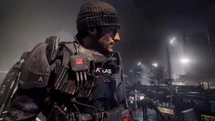 A soldier in advanced armor from the video game Call of Duty: Advanced Warfare stands in a gritty urban environment, showcasing a detailed 4K Ultra HD background.