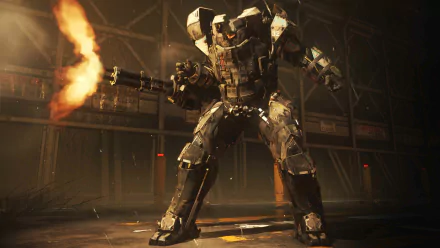 HD wallpaper of a mecha firing a weapon in the video game Call of Duty: Advanced Warfare. The scene is set in a dimly lit industrial environment, emphasizing the game's intense and futuristic combat.