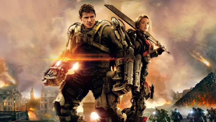 HD desktop wallpaper featuring Tom Cruise and Emily Blunt in combat gear from the movie Edge of Tomorrow, set against a dramatic, fiery battlefield background.