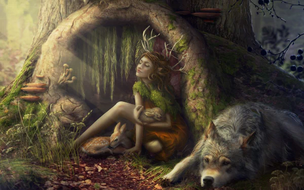 A serene fantasy scene in a forest featuring a woman with antlers, a rabbit, and a wolf resting by a tree, evoking a mystical sylvan atmosphere. HD wallpaper for nature lovers.