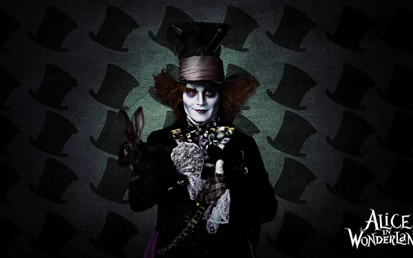 HD PC desktop wallpaper featuring the Mad Hatter from the 2010 movie Alice in Wonderland, set against a dark background with repeating top hat patterns.