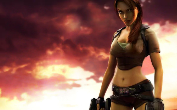 HD PC desktop wallpaper featuring Lara Croft from the video game Tomb Raider: Legend against a dramatic sunset sky.