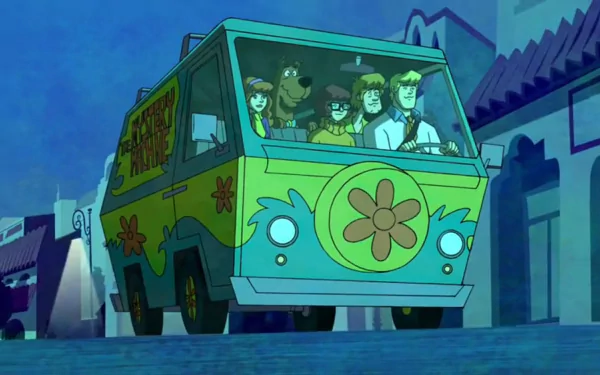 HD desktop wallpaper featuring the Mystery Machine with Scooby-Doo and the gang from the video game Scooby-Doo! Night of 100 Frights in a vibrant nighttime setting.
