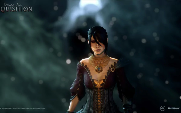 HD PC desktop wallpaper featuring a dark, mysterious female character from the video game Dragon Age: Inquisition, with a blurred, atmospheric background.