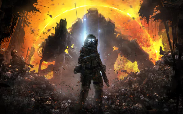 A striking HD desktop wallpaper from the video game Titanfall, featuring a lone soldier in front of a massive mech against a fiery, chaotic backdrop.